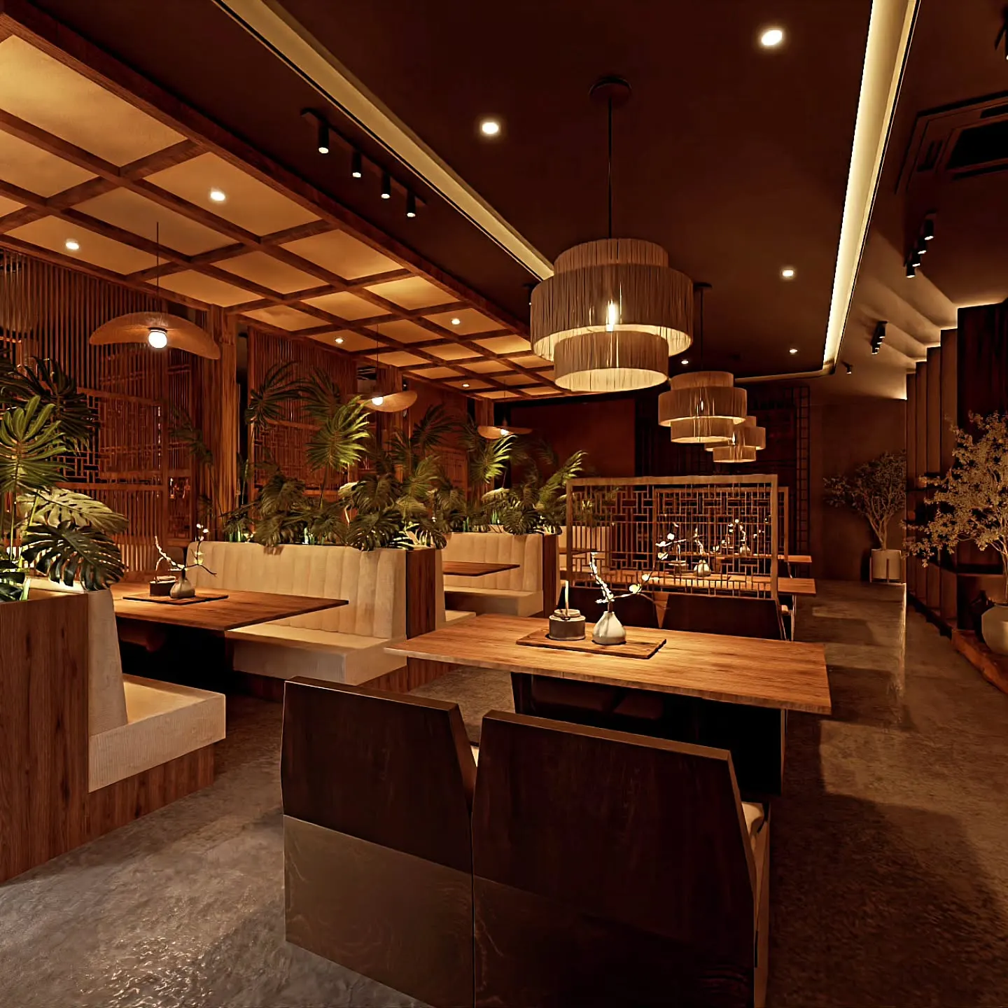 Rendering of Glow Seoul Korean BBQ dining room in Peterborough with coffered ceiling, pendants and cove lighting